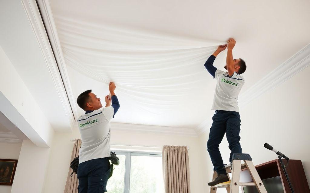 Flowlink installers tensioning a stretch ceiling membrane on site