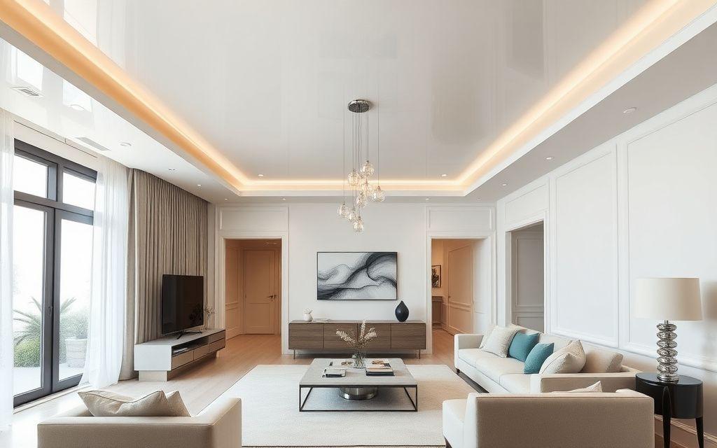 High-gloss lacquer stretch ceiling mirroring pendant lights in a living suite