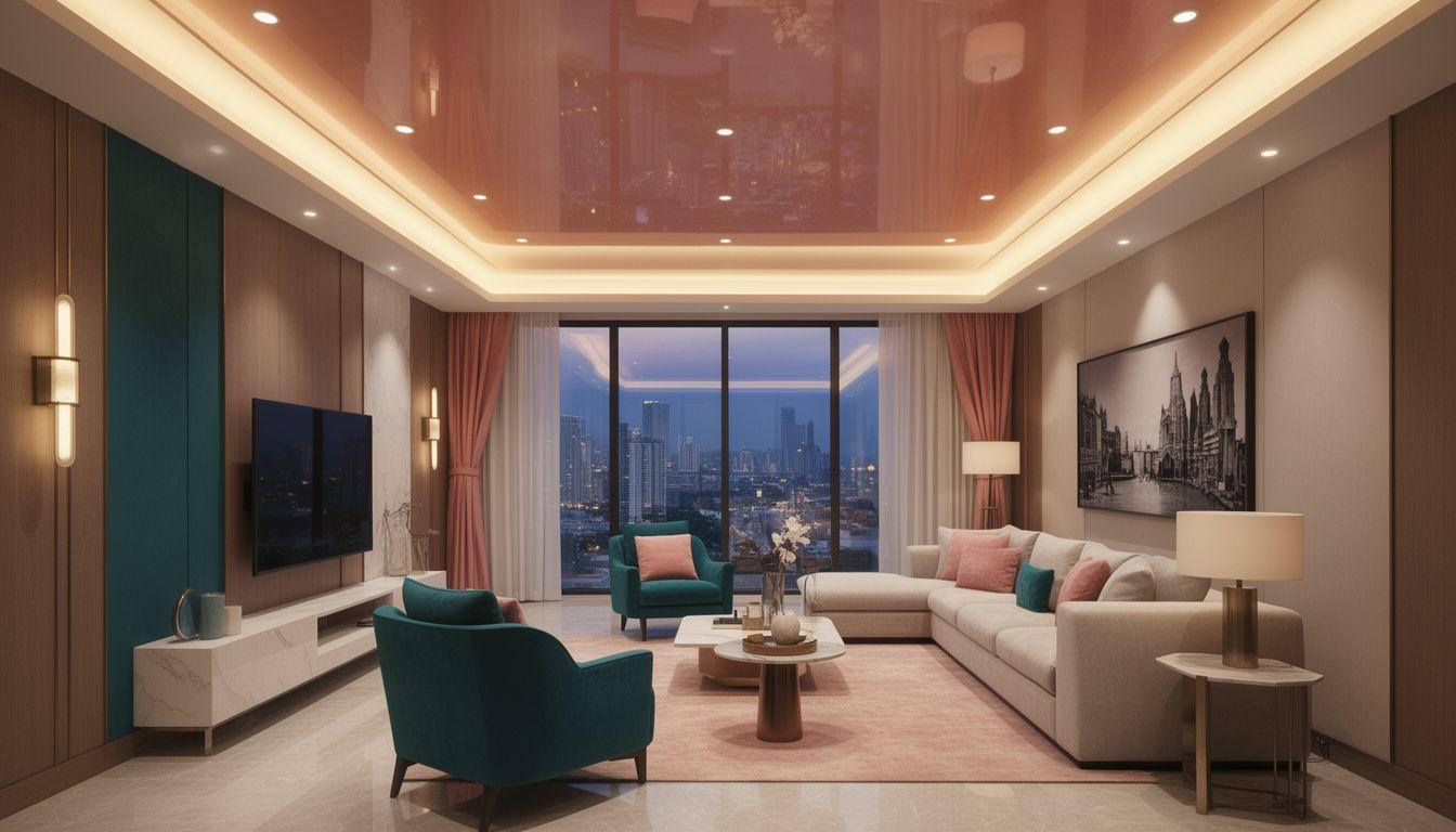 Living room with high-gloss stretch ceiling and warm cove lighting