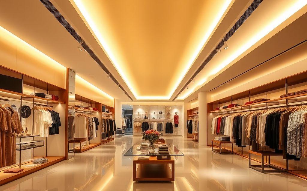 Boutique with continuous champagne backlit ceiling run