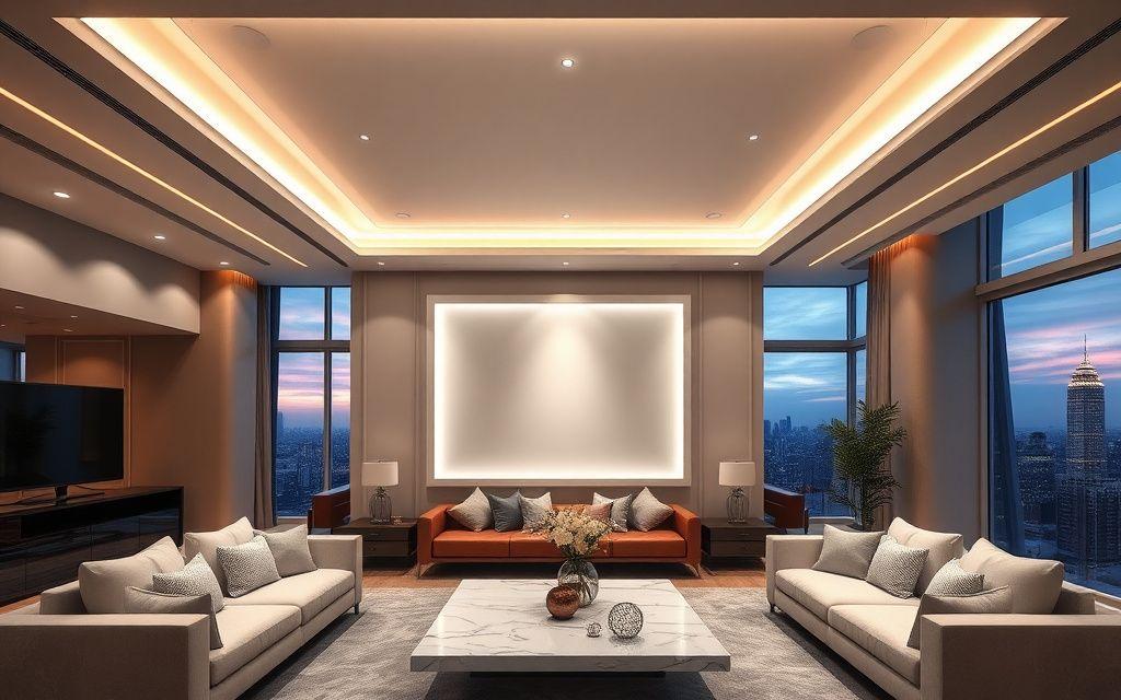 Condominium lounge with two-level gloss stretch ceiling and hidden LED cove