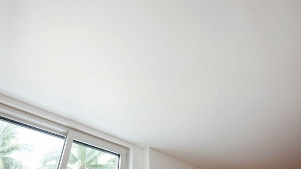 Pristine white stretch ceiling next to a window during tropical rain