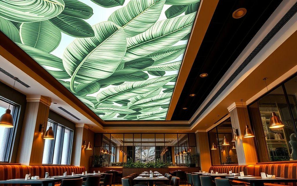 Custom printed ceiling artwork in a restaurant