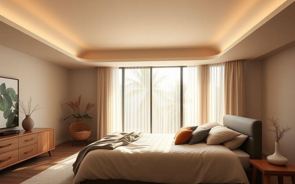 Bedroom with calm satin matte ceiling finish
